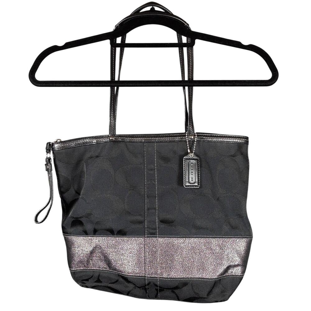 COACH Black Signature Canvas Sparkly Metallic Stripe Bag Caryall Tote 18798E